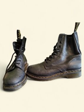 Dr. Martens Black Leather 8-Eye Lace-Up Boots with Yellow Stitching